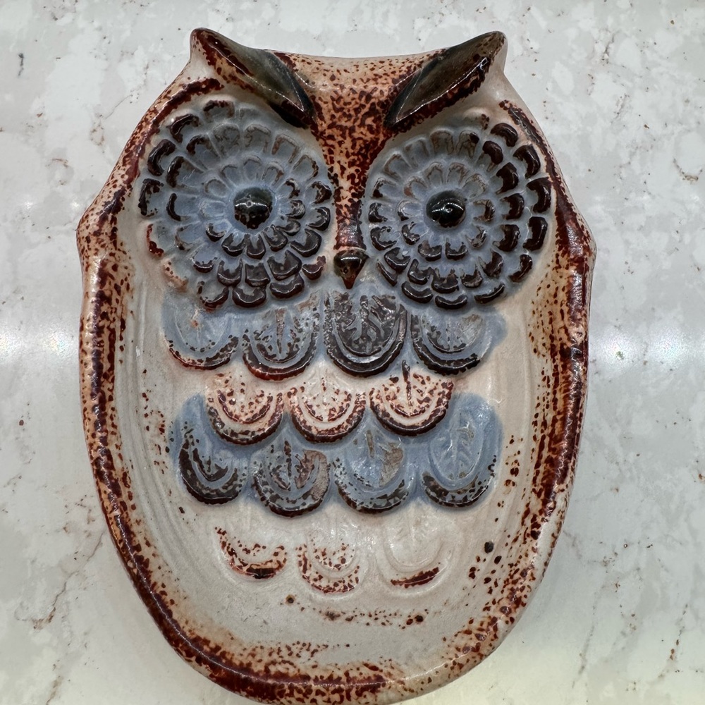 Ceramic Owl Art Dish in Brown and Gray